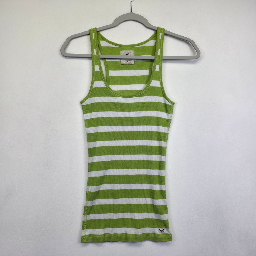 Y2K Hollister Tank Top Women L Green White Striped Knit Ribbed Racerback Stretch - Picture 12 of 14